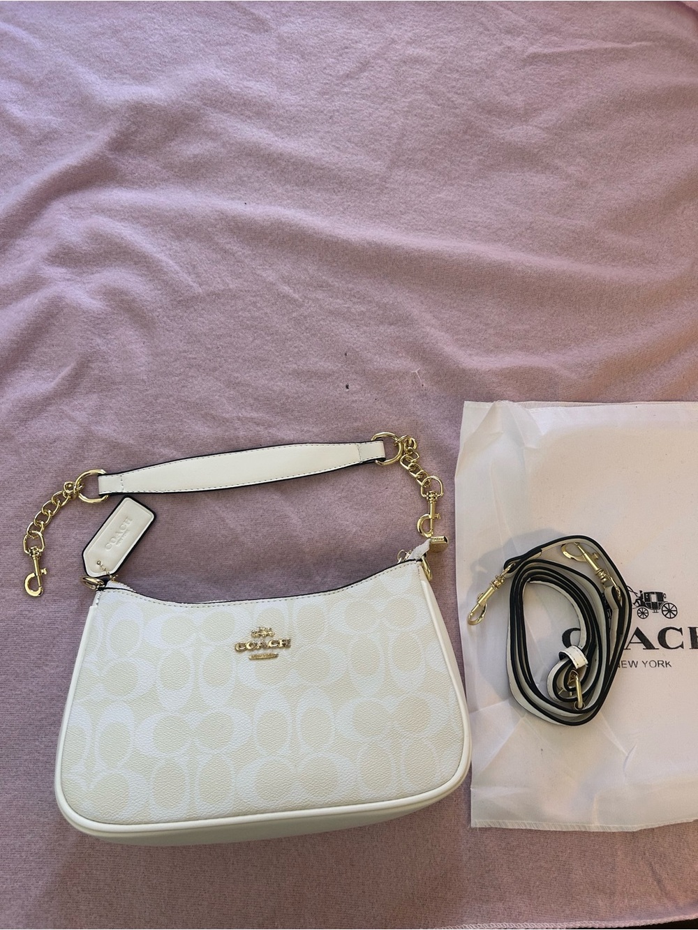 Coach x Disney White Signature Jacquard Shoulder Bag with Gold Accents